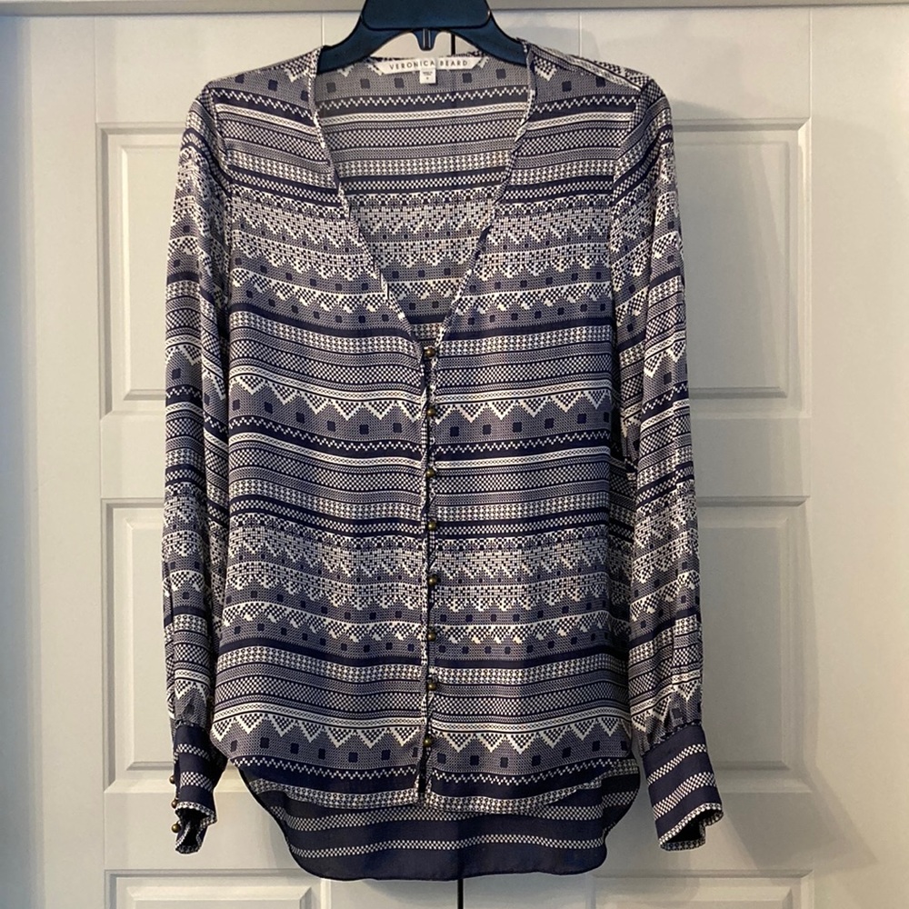 Veronica beard Bahia silk button down tunic Prussian blue multi shape top